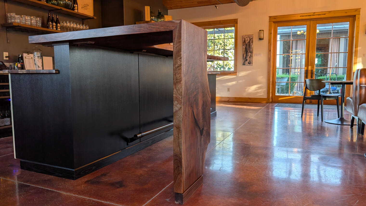Durant Vineyard tasting room bar featuring solid walnut counters, custom maple cabinets, and blackened quartersawn oak panels