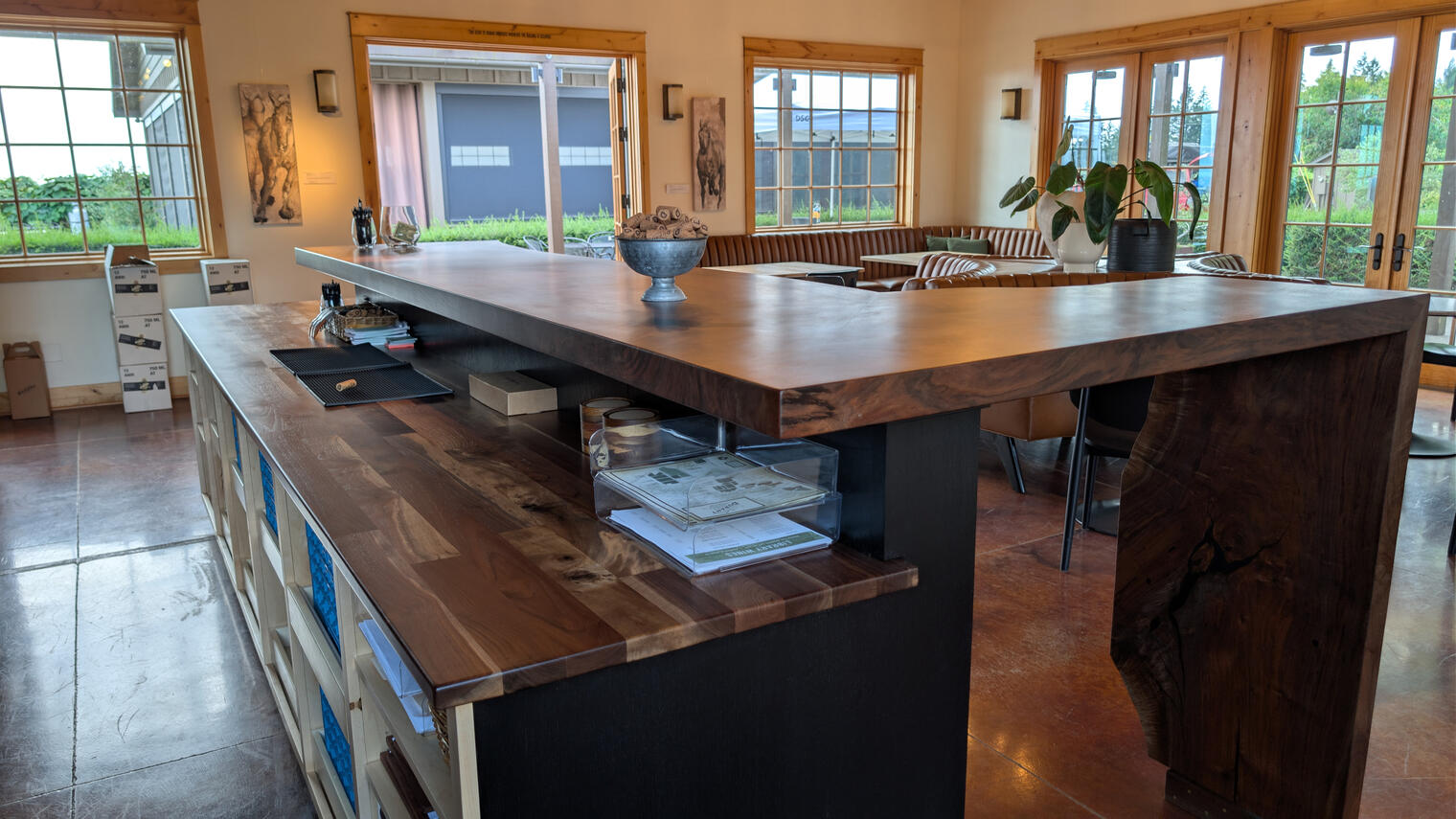 Durant Vineyard tasting room bar featuring solid walnut counters, custom maple cabinets, and blackened quartersawn oak panels